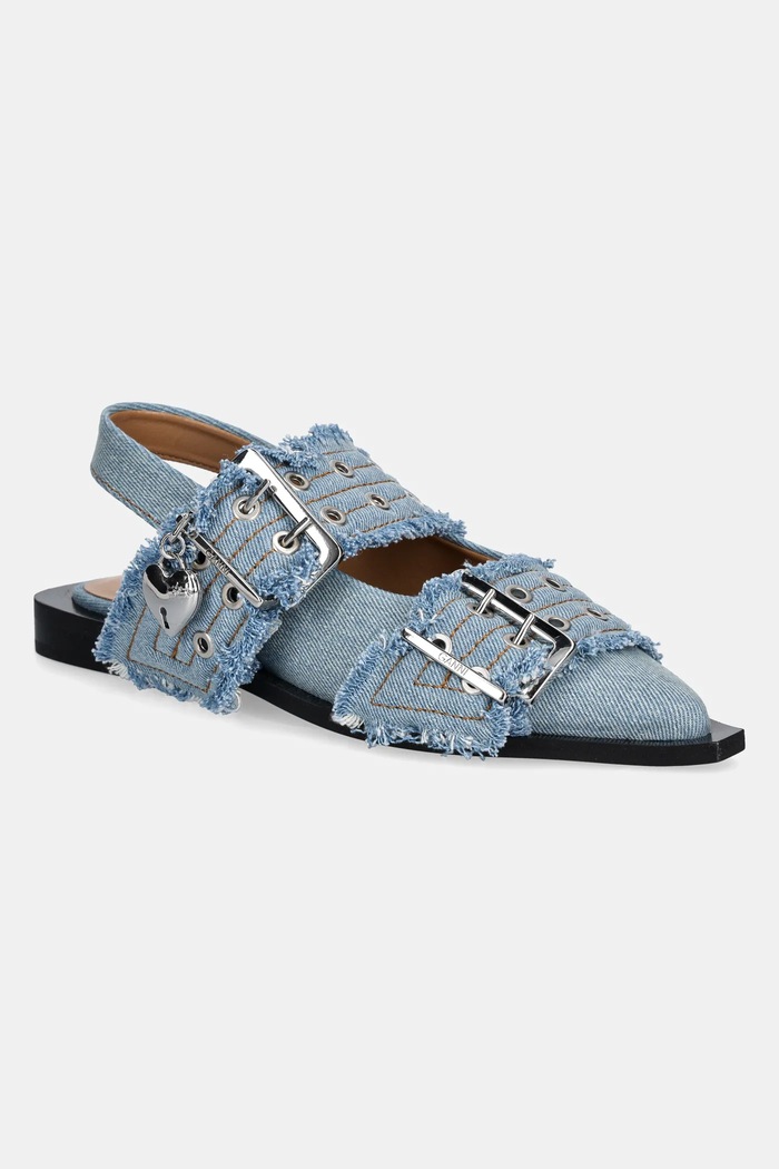 GANNI baleriny Feminine Buckle Ballerina Charms Denim odkryta pięta niebieski S2939
