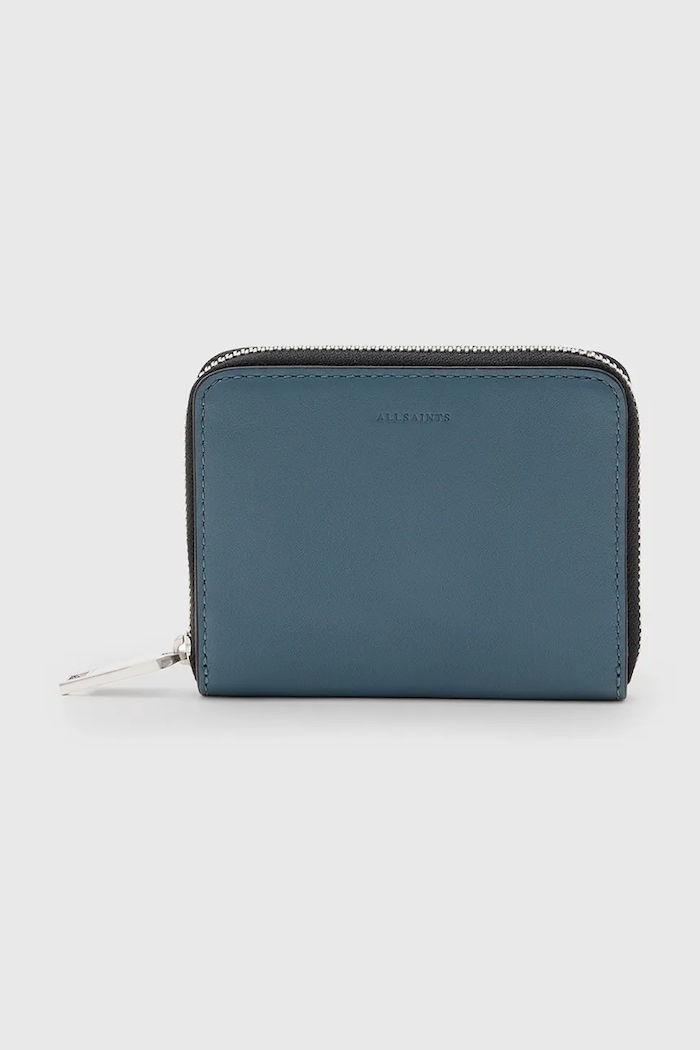 Usnjena denarnica AllSaints LENA HEX Zrnato usnje modra W130XC