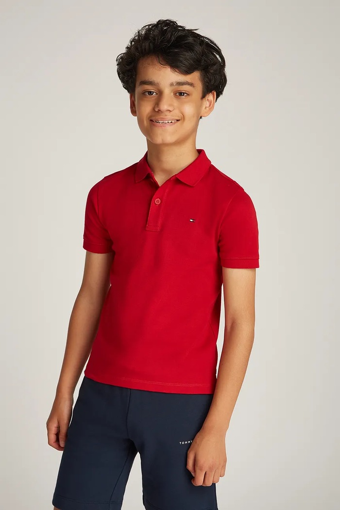 Dětská bavlněná polokošile Tommy Hilfiger s límečkem červená KB0KB09333.128.176.PPYA