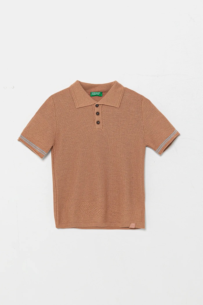 Dječja polo majica s primjesom lana United Colors of Benetton bez uzorka smeđa 104NH3001.P.Seasonal