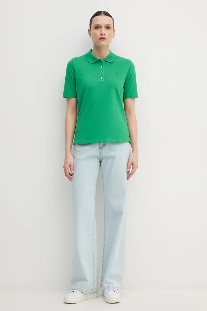 Tommy Hilfiger polo damskie z bawełną WW0WW43224 zielony SS26