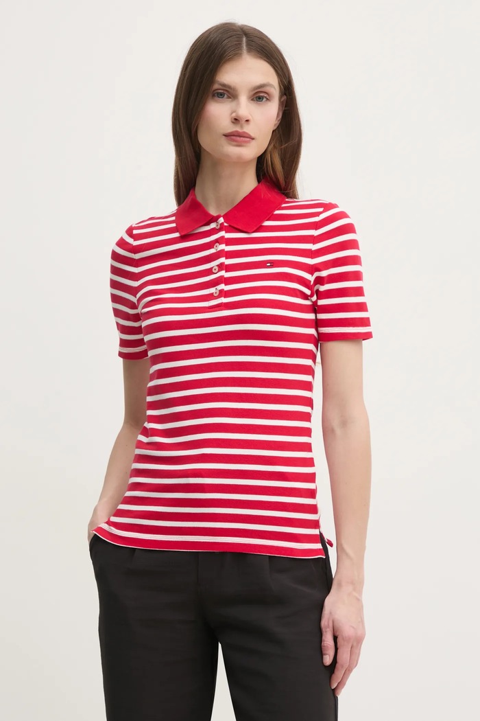 Tommy Hilfiger polo tričko dámske s bavlnou slim červená WW0WW43225
