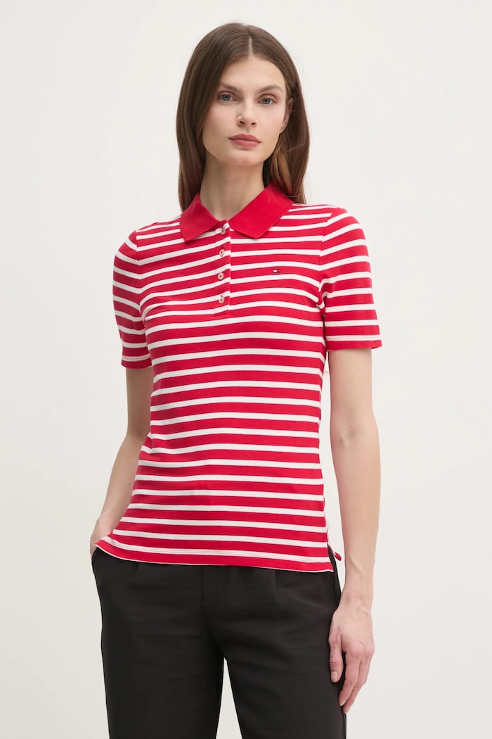 Tommy Hilfiger polo tričko dámske s bavlnou slim červená WW0WW43225