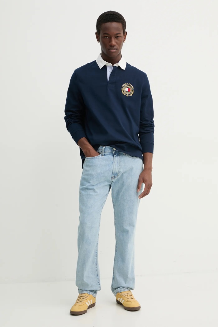 Bavlněné tričko s dlouhým rukávem Tommy Jeans DM0DM20665 námořnická modř SS25