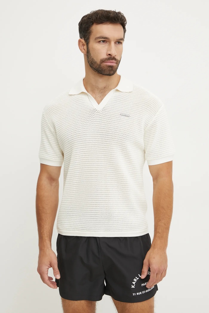 Bavlněné polo tričko Karl Lagerfeld hladký béžová A1M46068
