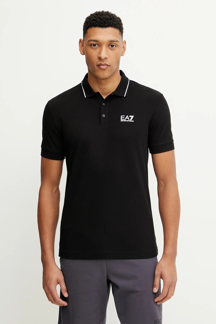 EA7 Emporio Armani polo tričko pánske bavlnené s elastanom jednofarebný čierna PJVUZ.8NPF16