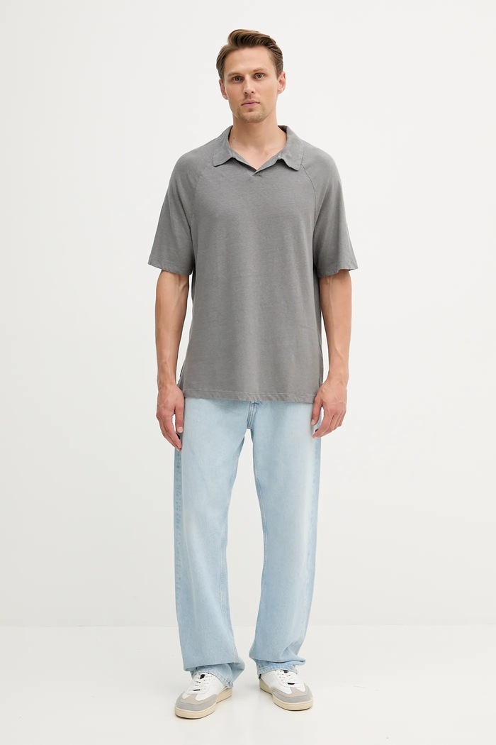 Ľanové polo United Colors of Benetton 3UTFU302A sivá SS25