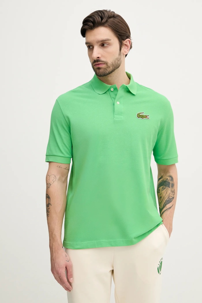 Βαμβακερό μπλουζάκι πόλο Lacoste απλικέ πράσινο PH2751