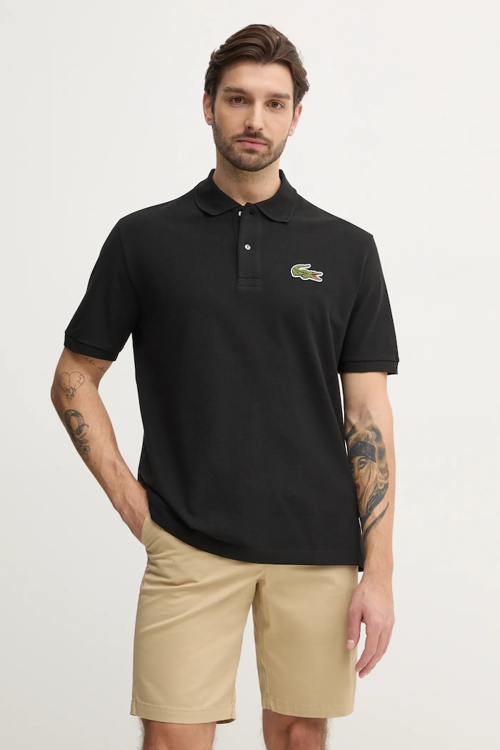 Βαμβακερό μπλουζάκι πόλο Lacoste απλικέ μαύρο PH2751