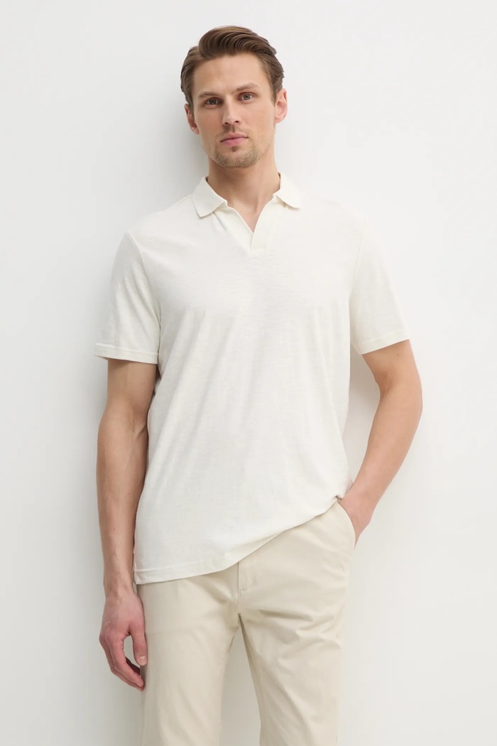Polo tričko s prímesou ľanu Calvin Klein jednofarebný béžová K10K114136