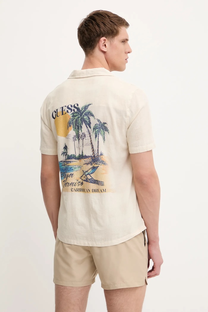 Guess koszula z domieszką lnu F5GH03.WH431 beżowy SS25