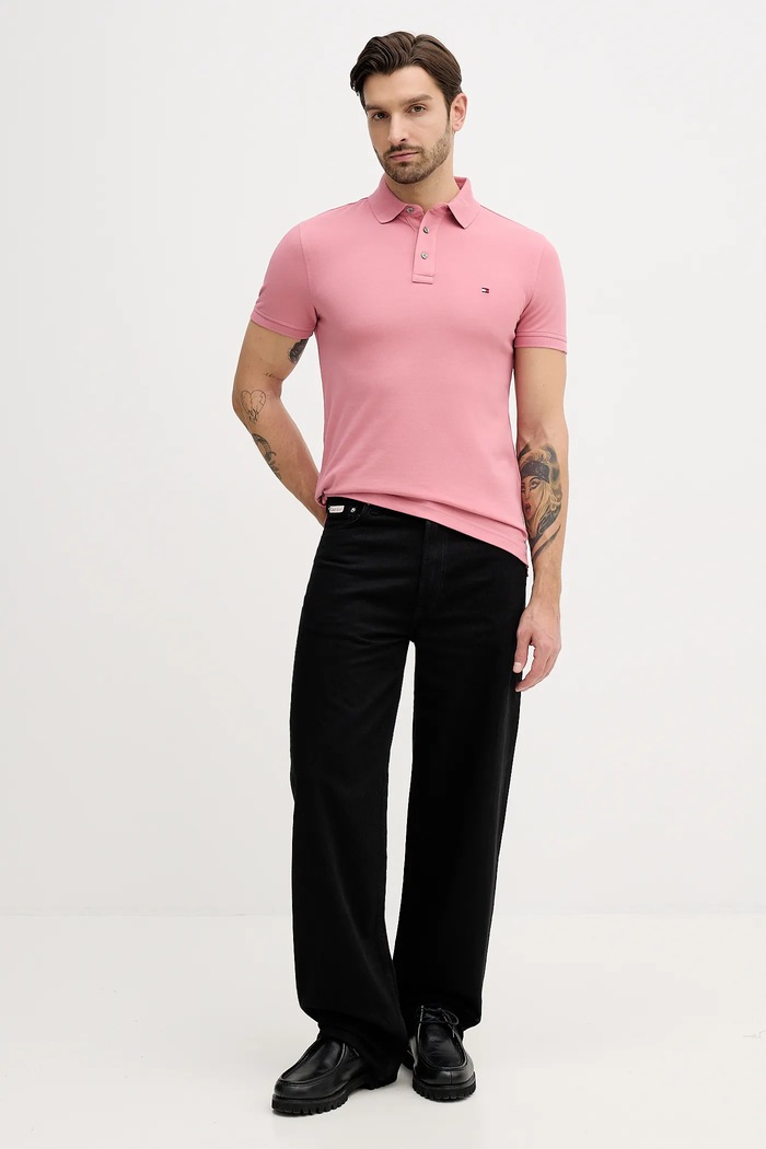 Tommy Hilfiger polo tričko bavlnené s elastanom MW0MW17771. ružová SS26