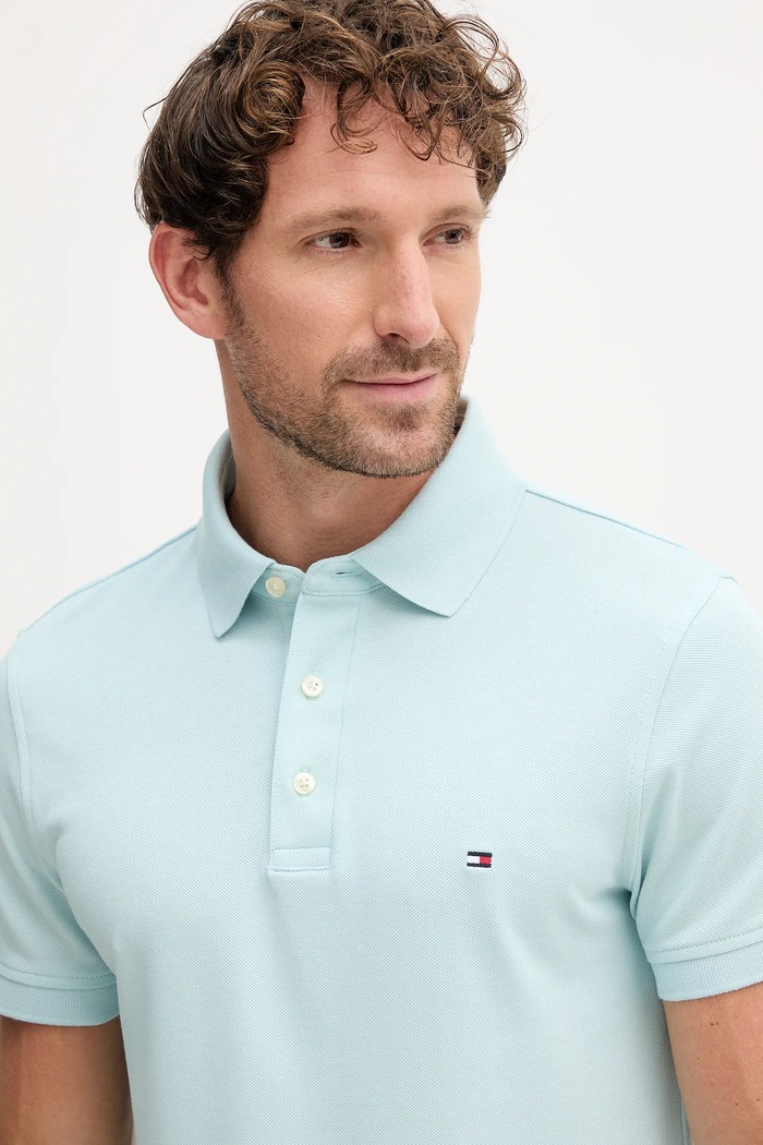 Ρούχα Tommy Hilfiger πόλο βαμβάκι με ελαστάν MW0MW17771. τιρκουάζ