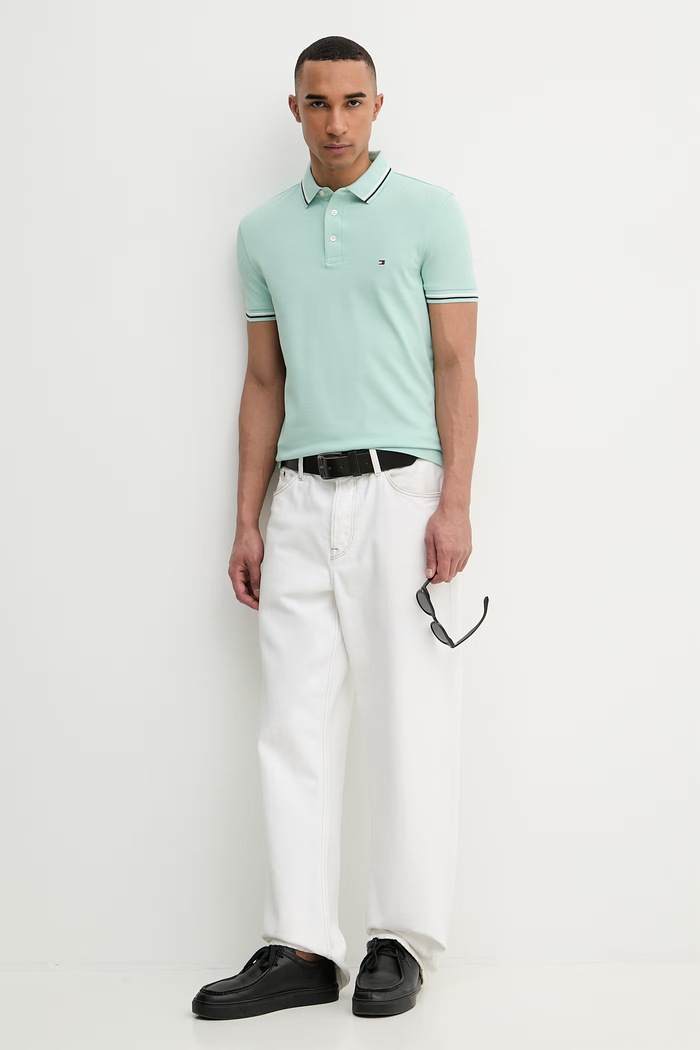 Tommy Hilfiger tričko pánske bavlnené MW0MW39993 tyrkysová SS26