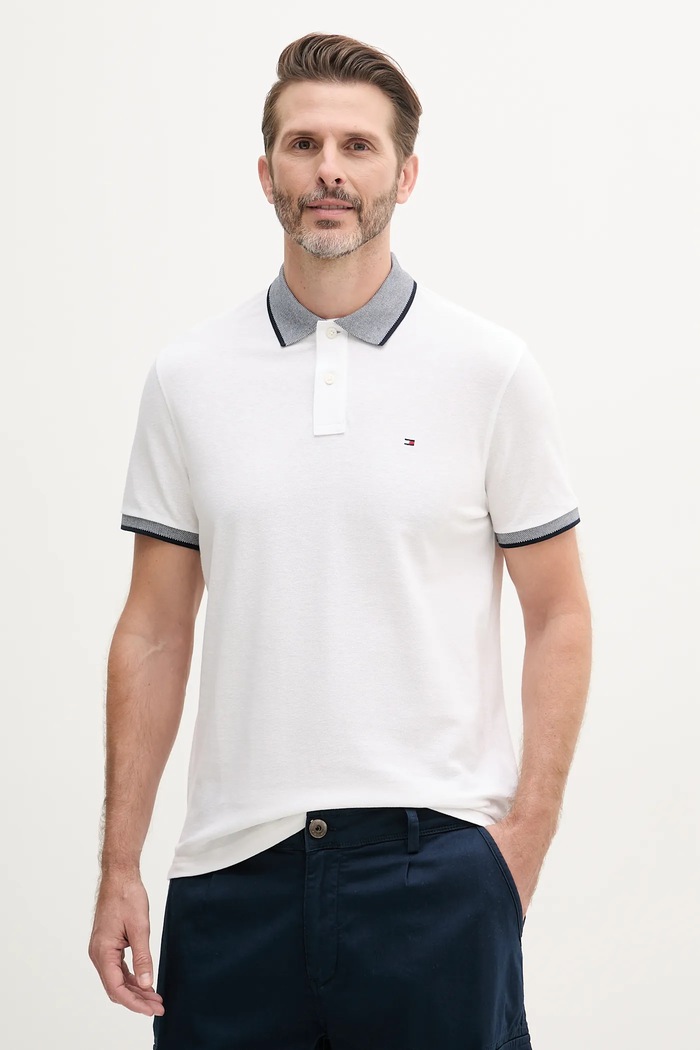 Tommy Hilfiger polo tričko pánske s prímesou ľanu jednofarebný biela MW0MW33140