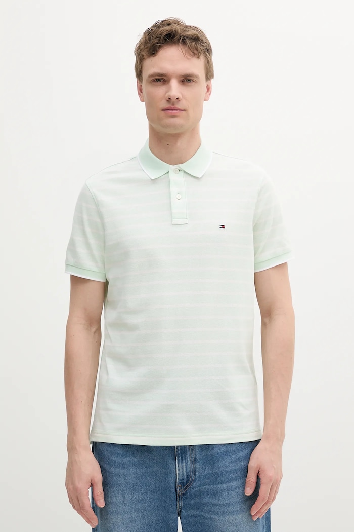 Tommy Hilfiger polo tričko pánske s prímesou ľanu jednofarebný zelená MW0MW33140