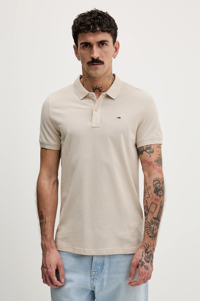 Tommy Jeans polo tričko pánske bavlnené béžová DM0DM20676