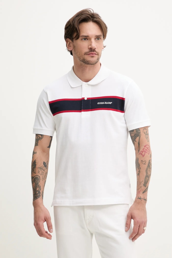 Памучна тениска с яка Guess Jeans щампа бял M5GP29.KCJV1
