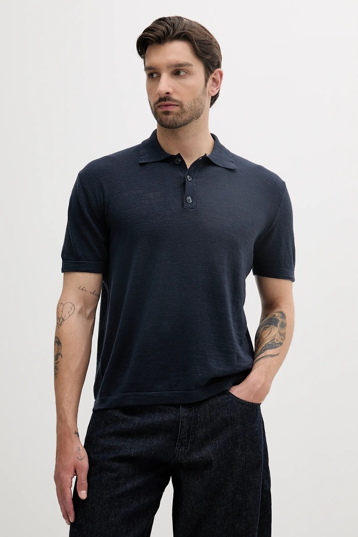 Sisley polo z domieszką lnu regular granatowy 105GS300L