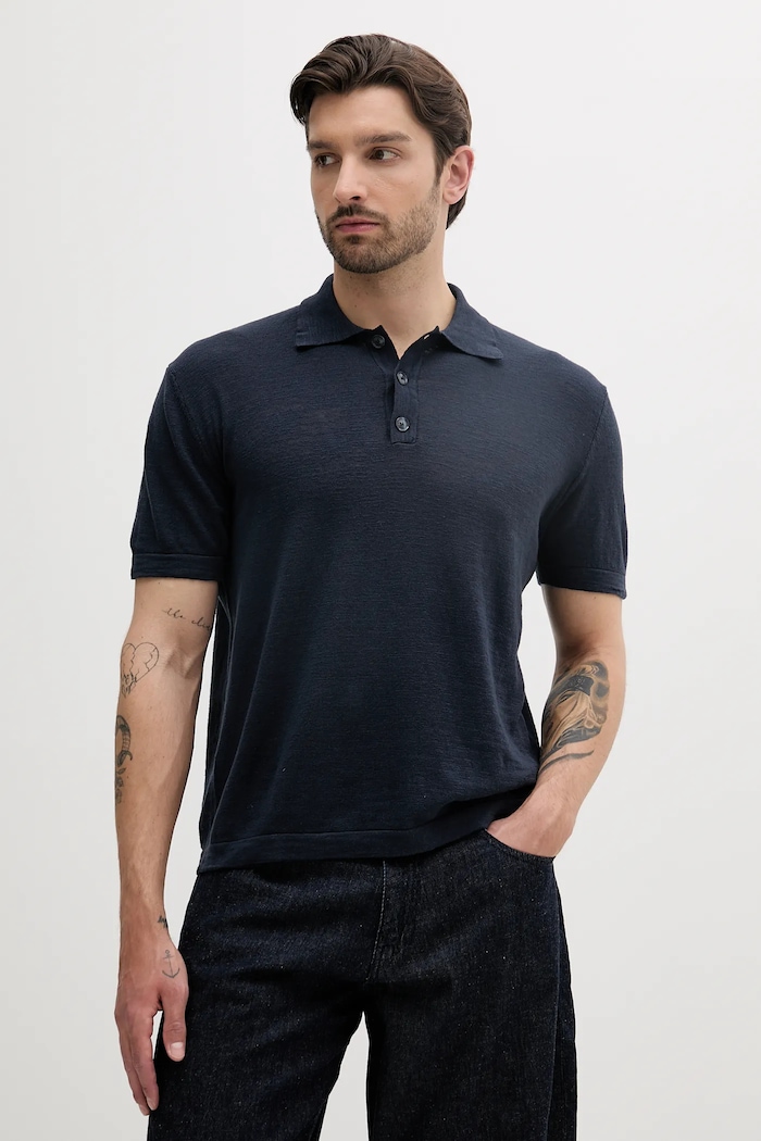 Sisley polo z domieszką lnu regular granatowy 105GS300L