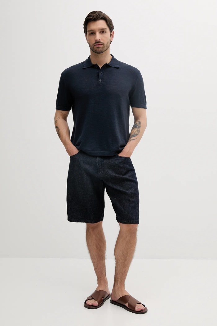Sisley polo z domieszką lnu 105GS300L granatowy SS25