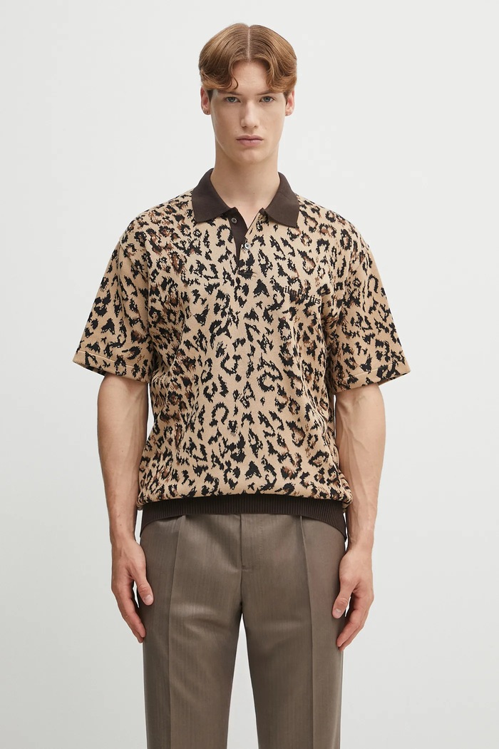 Wacko Maria polo bawełniane LEOPARD KNIT POLO SHIRT ( TYPE-1 ) wzorzyste beżowy 25SS.WMK.KN22