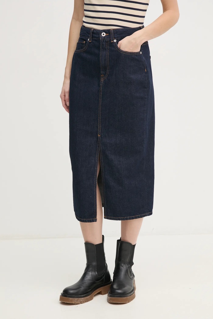 Rifľová sukňa Pepe Jeans MIDI SKIRT HW bavlna tmavomodrá PL901186AB2