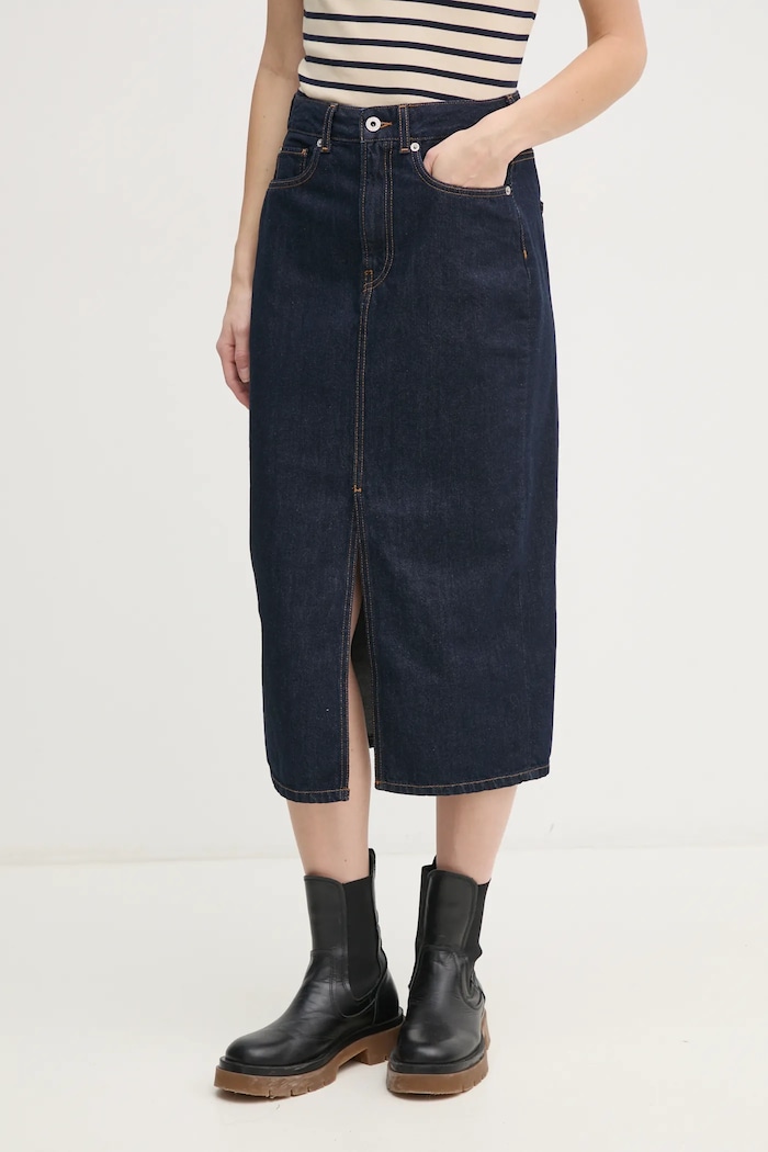 Rifľová sukňa Pepe Jeans MIDI SKIRT HW bavlna tmavomodrá PL901186AB2
