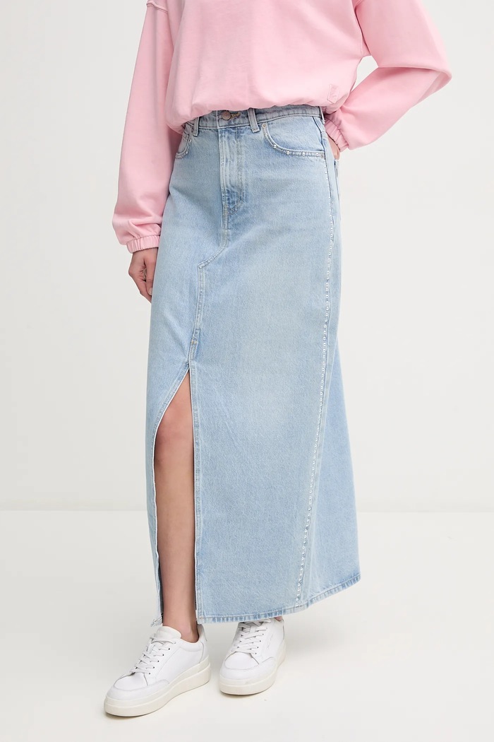 Bavlnená rifľová sukňa MAXI SKIRT HW STUD nášivka modrá PL901211R