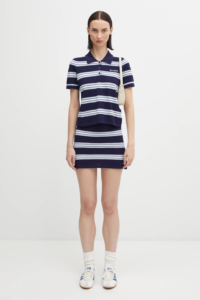 Sporty & Rich fustă de mătase Serif Logo Silk Pique Aline SK016621300BL121 bleumarin