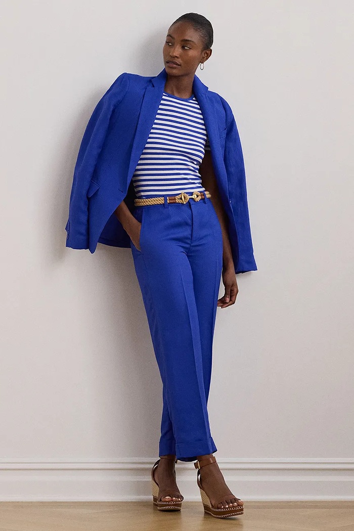 Lněné kalhoty Lauren Ralph Lauren high modrá 200957332
