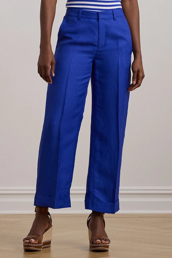 Lněné kalhoty Lauren Ralph Lauren 200957332 modrá SS25