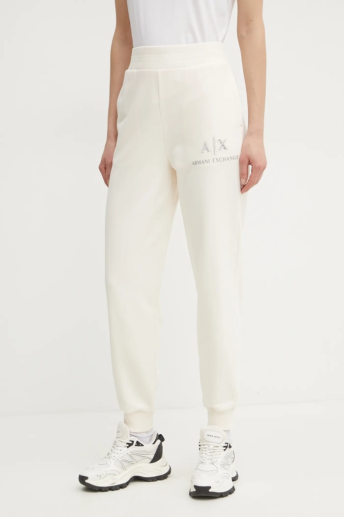Armani Exchange spodnie dresowe bawełniane nadruk beżowy XW000162.AF11851