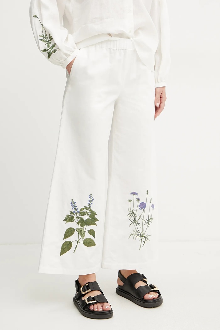 Weekend Max Mara nadrág vászonkeverékből aplikációval fehér 2515131112600