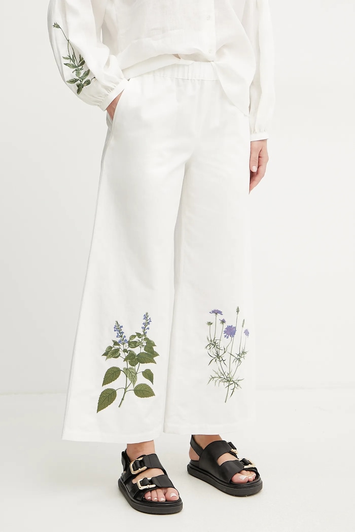 Weekend Max Mara nadrág vászonkeverékből aplikációval fehér 2515131112600