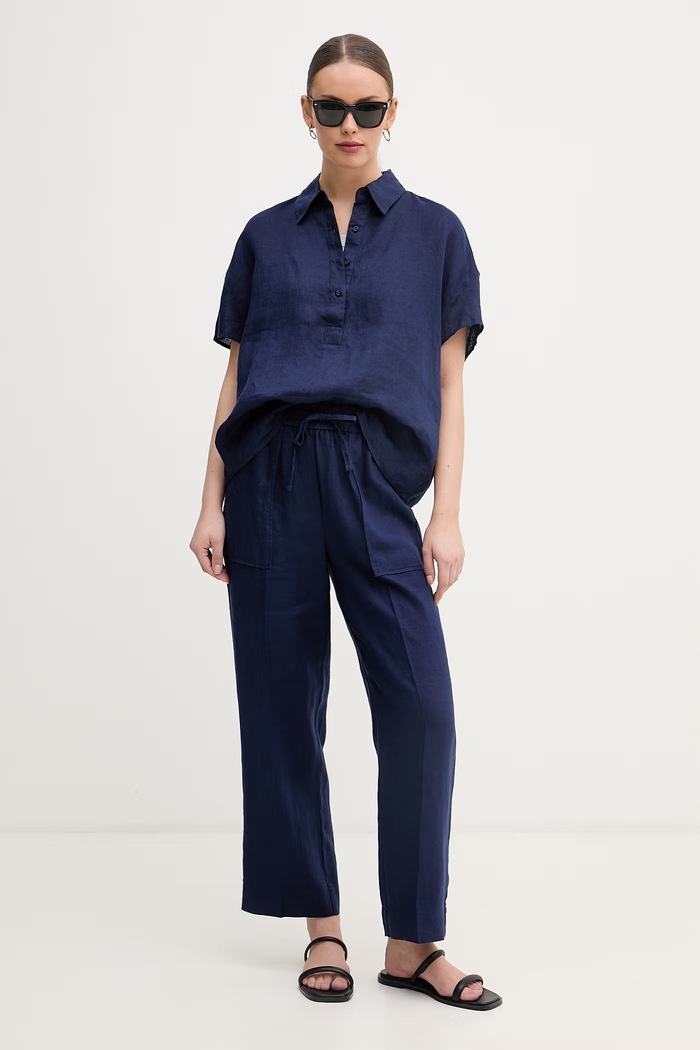 United Colors of Benetton spodnie damskie lniane 4AGHDF08J granatowy SS26