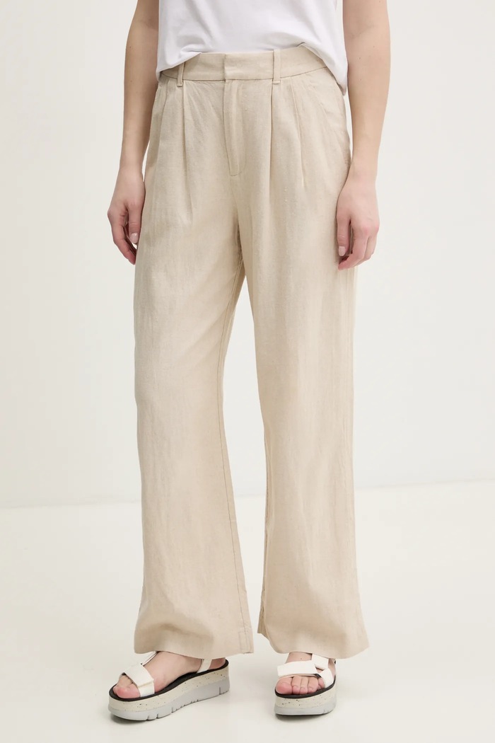 Lněné kalhoty Hollister Co. high béžová KI356.5049.110