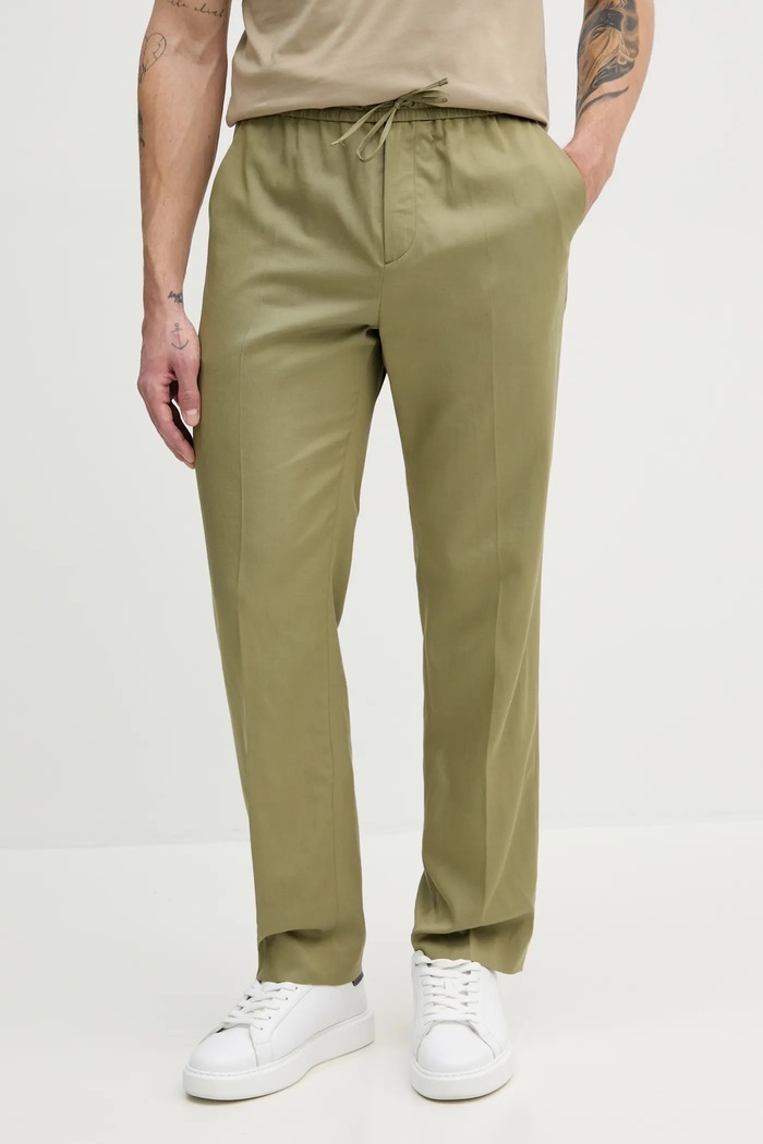 Nohavice s prímesou ľanu Calvin Klein s prímesou ľanu zelená K10K114403