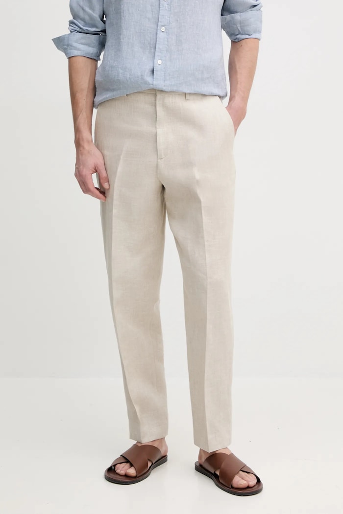 Ľanové nohavice Tommy Hilfiger ľan béžová SQTHL5607.SQTH500