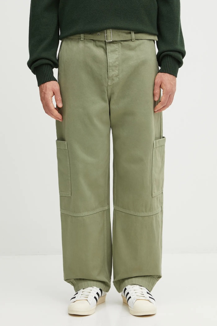 Бавовняні штани Maison Kitsuné Belted Utility гладкий зелений OM01104WD4012