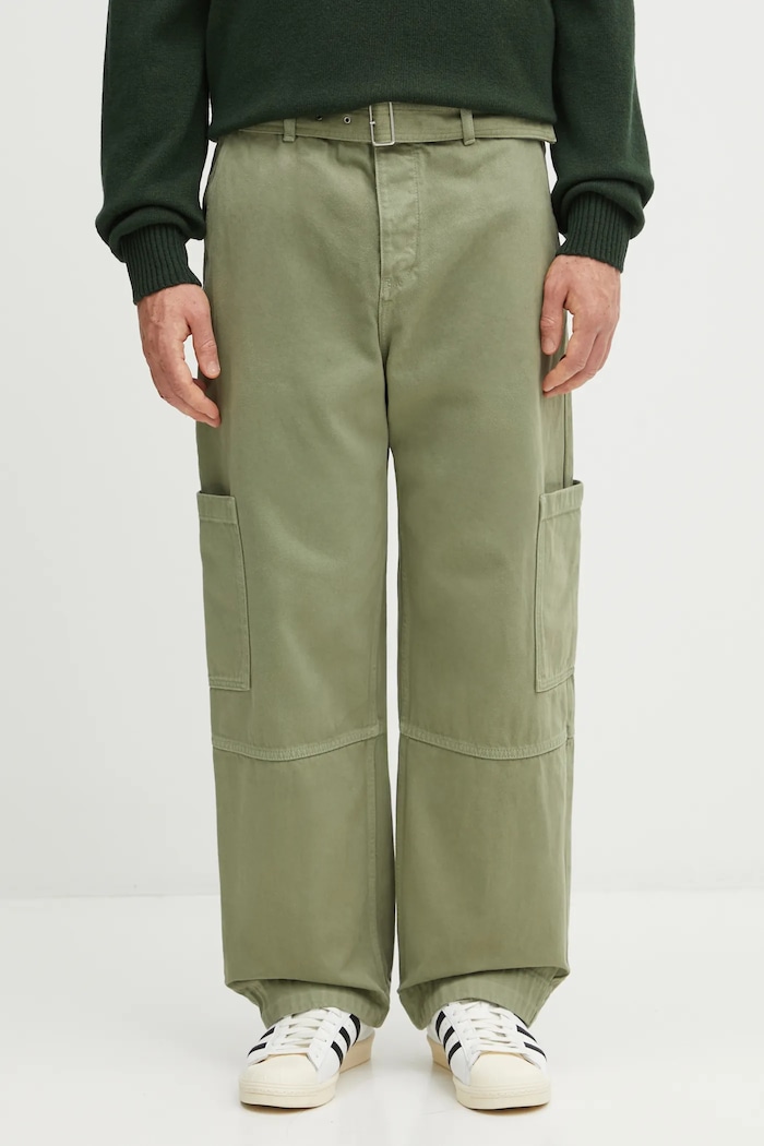 Бавовняні штани Maison Kitsuné Belted Utility гладкий зелений OM01104WD4012