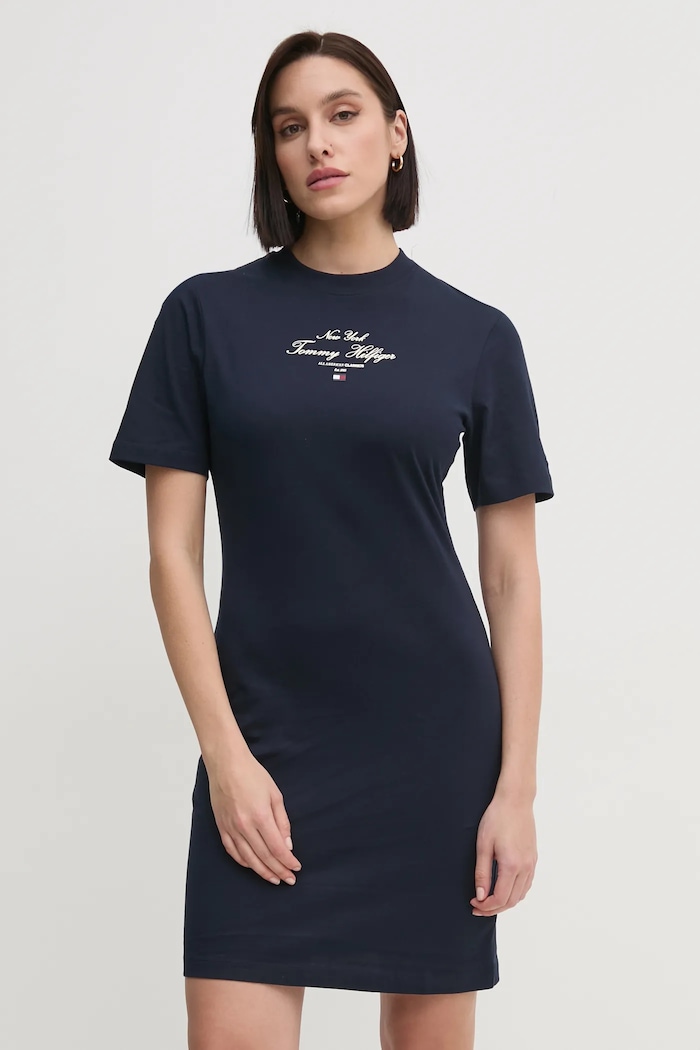 Bavlněné šaty Tommy Hilfiger mini námořnická modř WW0WW43830