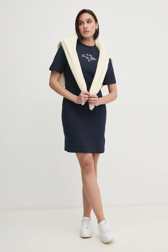 Bavlněné šaty Tommy Hilfiger WW0WW43830 námořnická modř SS25