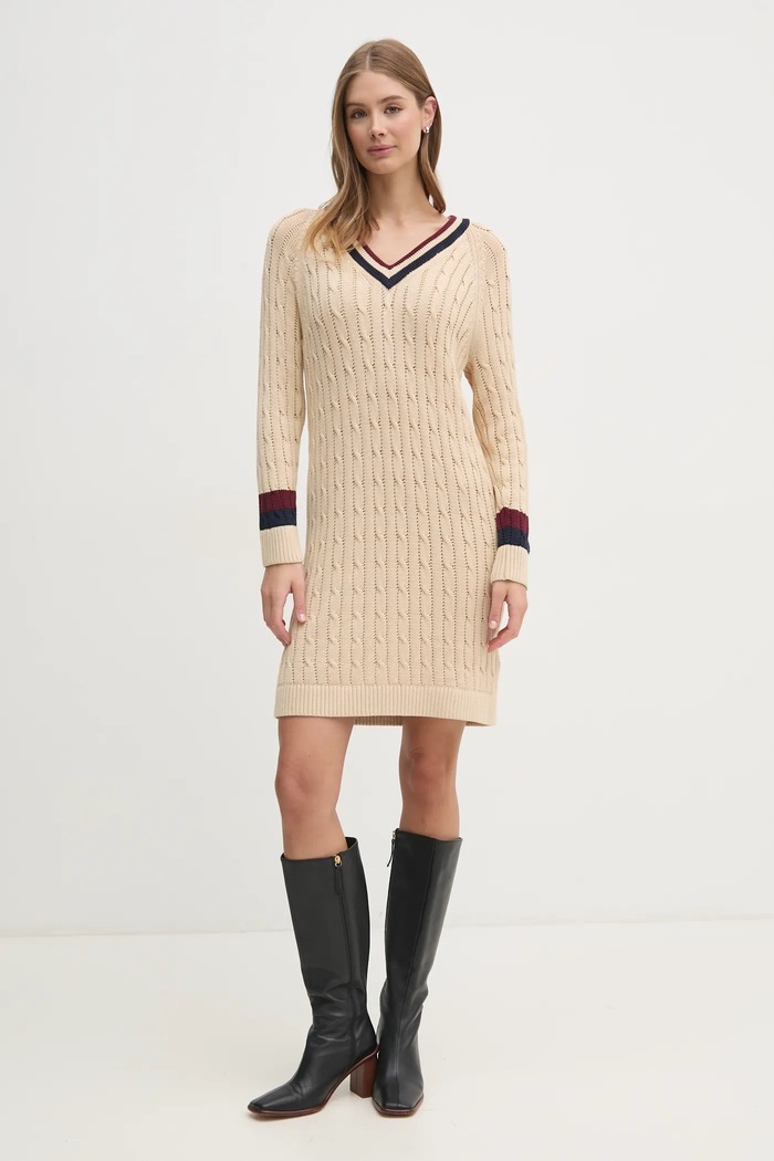 Bavlněné šaty Tommy Hilfiger WW0WW44074 béžová SS25