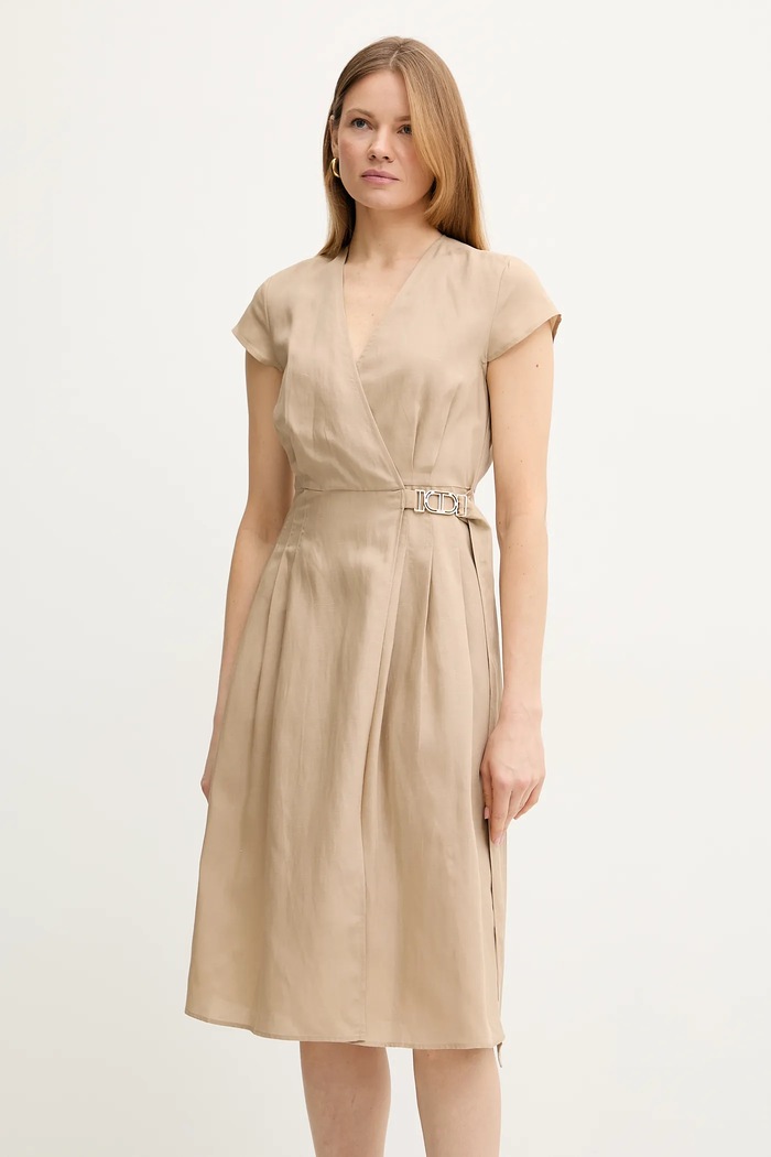 Twinset sukienka z domieszką lnu 251TT2072 beżowy SS25