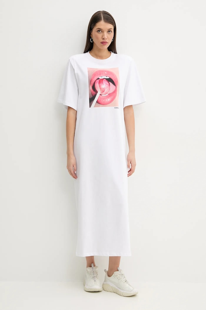Pamučna haljina Fiorucci Lollipop Mouth Print Maxi T-Dress ravni bijela W02SPDTS108CJ01WH03