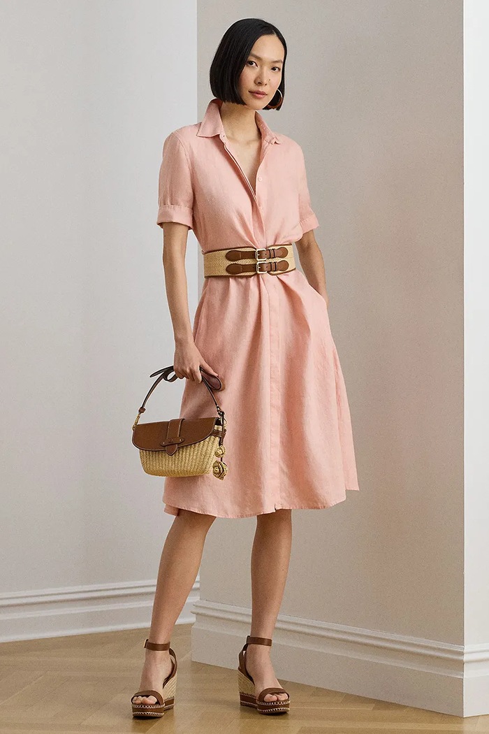 Lauren Ralph Lauren rozšířené lněné šaty růžová 200905667