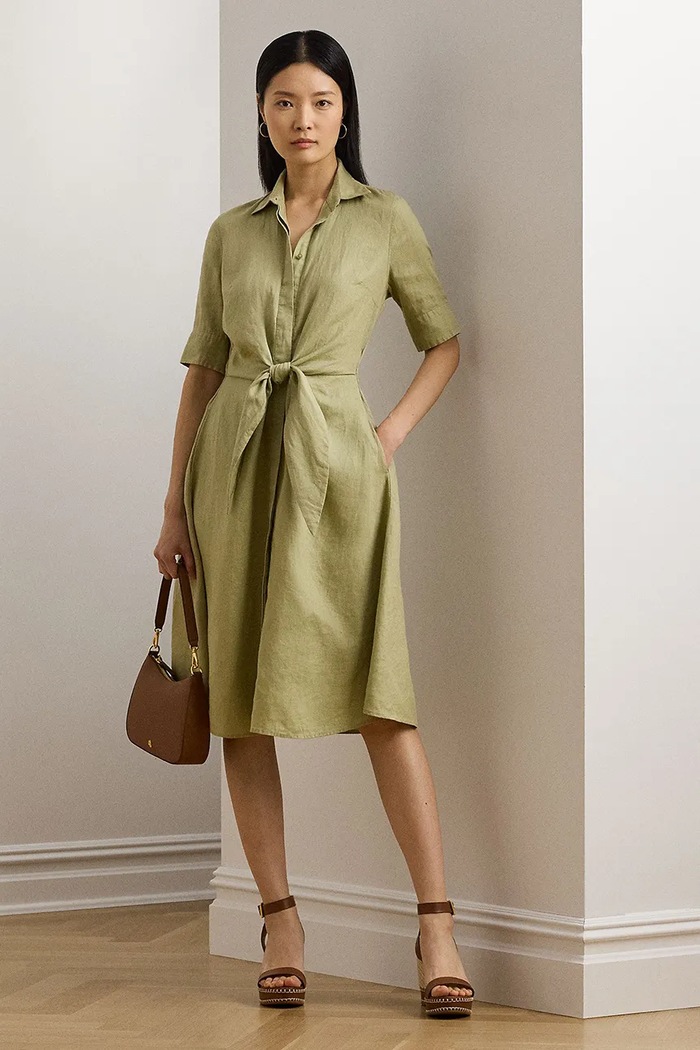 Lauren Ralph Lauren sukienka rozkloszowana lniana casual zielony 200905667
