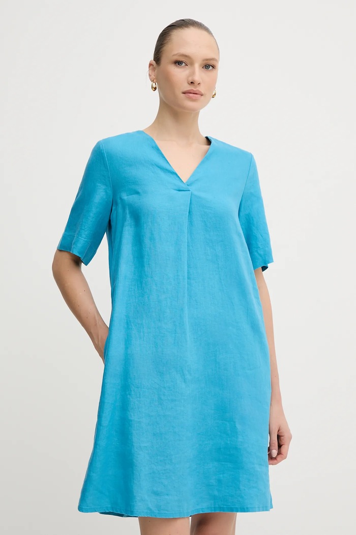 Lněné šaty United Colors of Benetton mini modrá 4AGHDV0B0