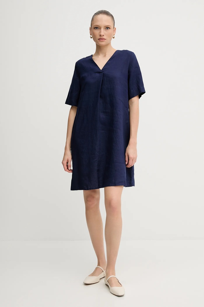United Colors of Benetton sukienka lniana 4AGHDV0B0 granatowy SS25
